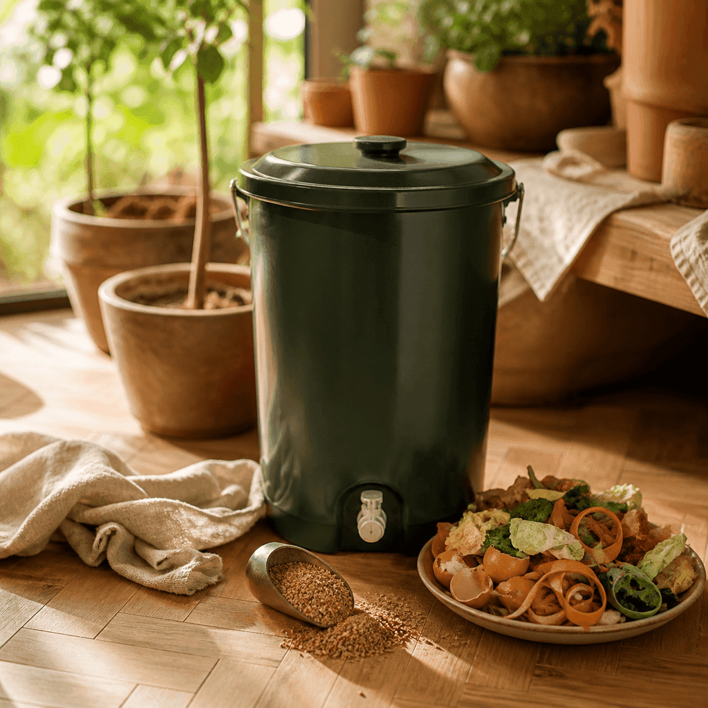 Hands turning dark crumbly compost with a garden fork in a wooden bin surrounded by leaves in soft afternoon light
