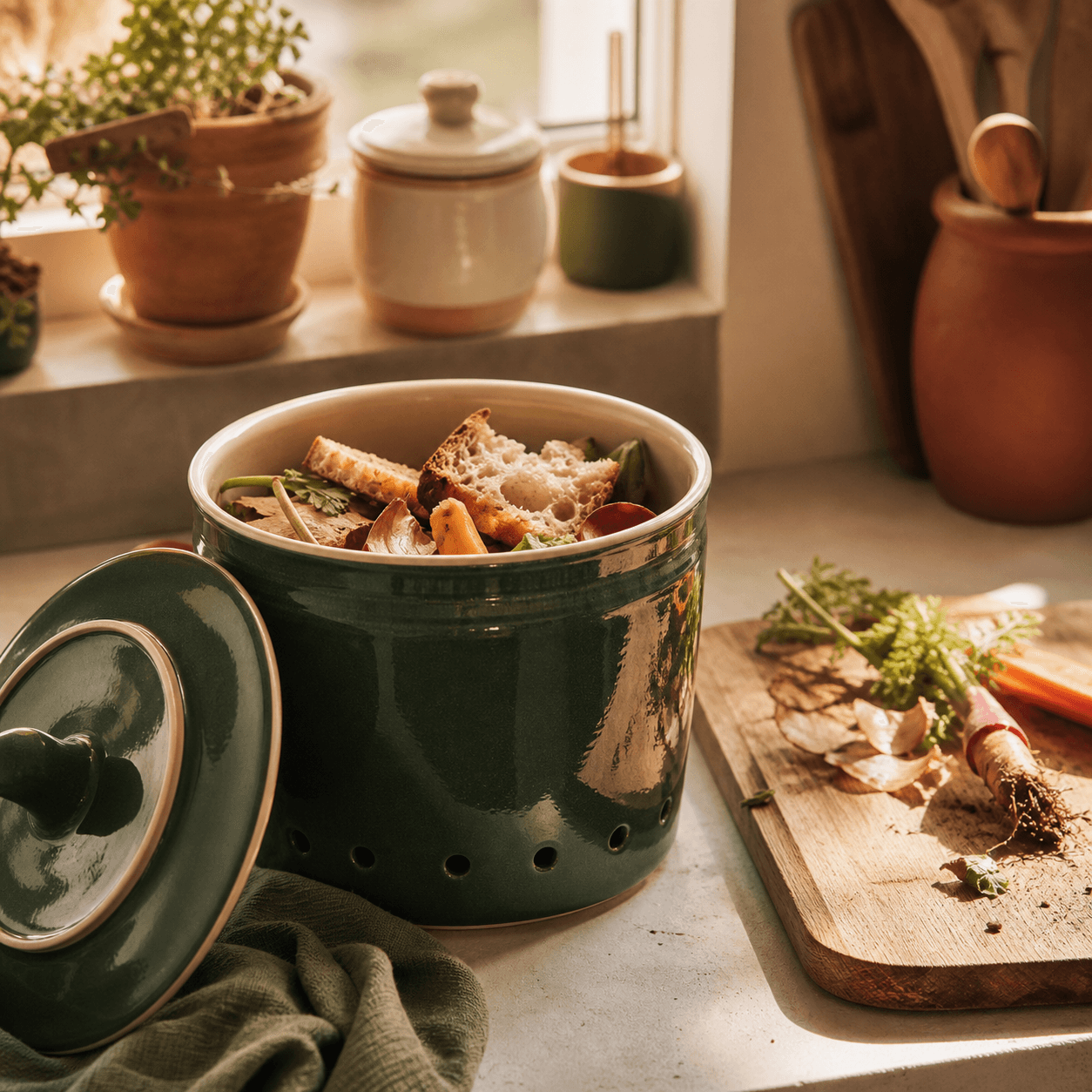 A ceramic kitchen compost crock holding bread crusts and cooked food scraps beside a wooden cutting board in warm natural light