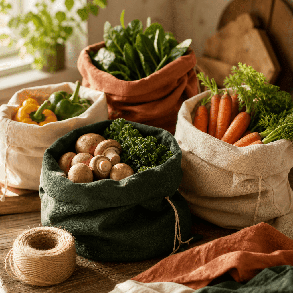 Reusable cloth produce bags filled with fresh vegetables on a sunlit wooden kitchen counter