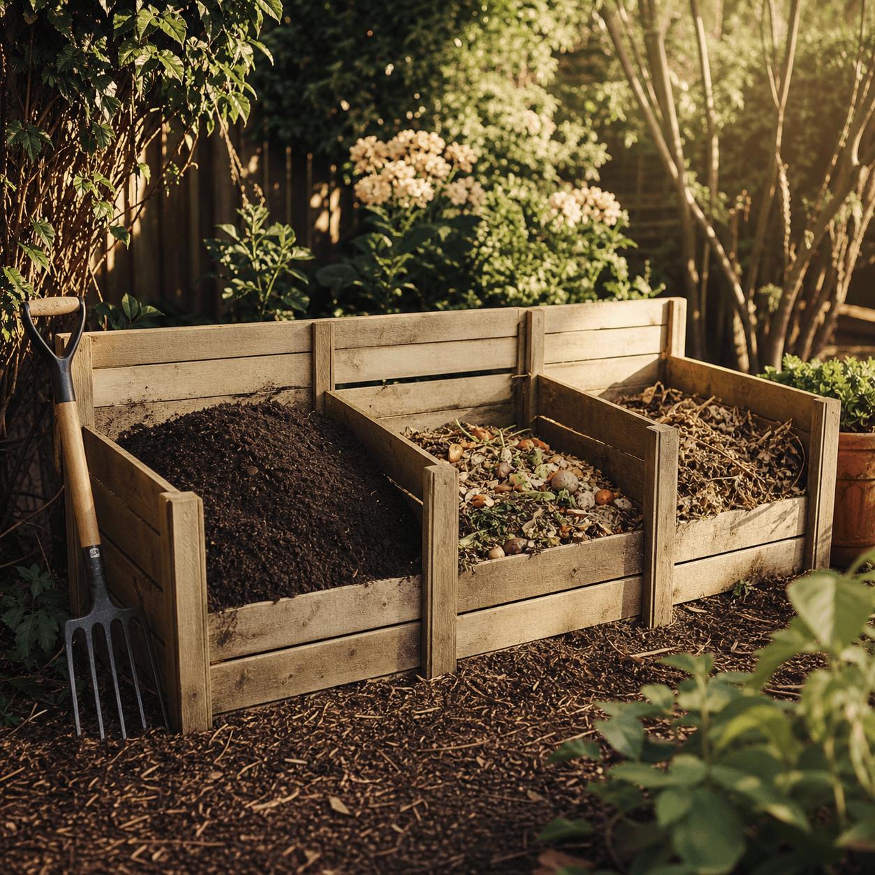 A tidy three-bay wooden compost system in a sunlit backyard garden with dark finished compost in one bay and a garden fork resting nearby
