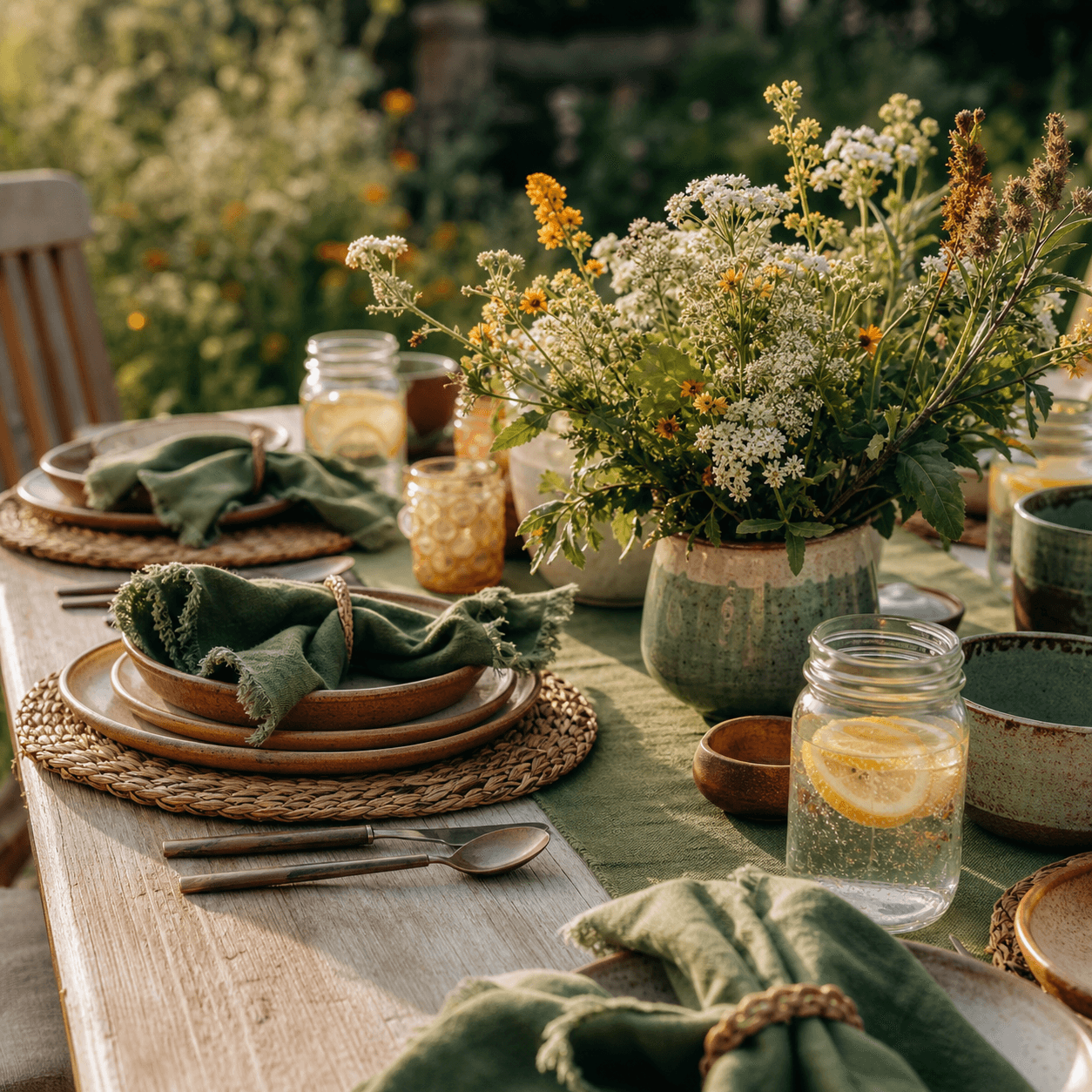 A cheerful outdoor table set with real dishes, cloth napkins, and mason jar drinks in warm afternoon light