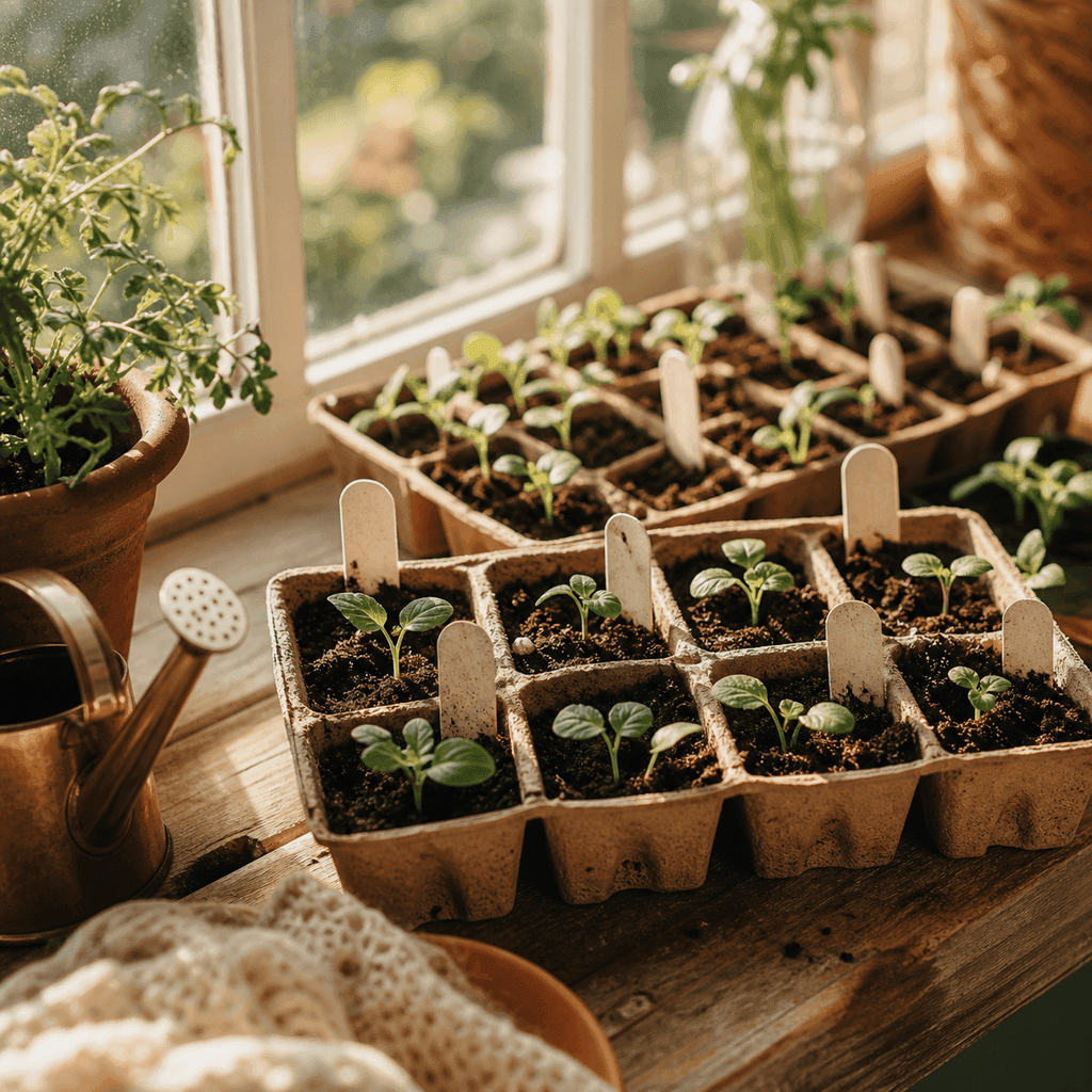 Seed trays of young green seedlings on a sunny windowsill with hand-written labels and a small watering can in warm light