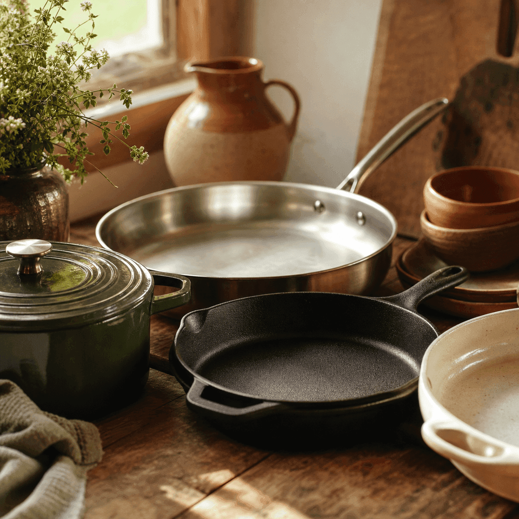 Cast iron, stainless steel, and ceramic pans arranged on a rustic wooden kitchen surface in warm light