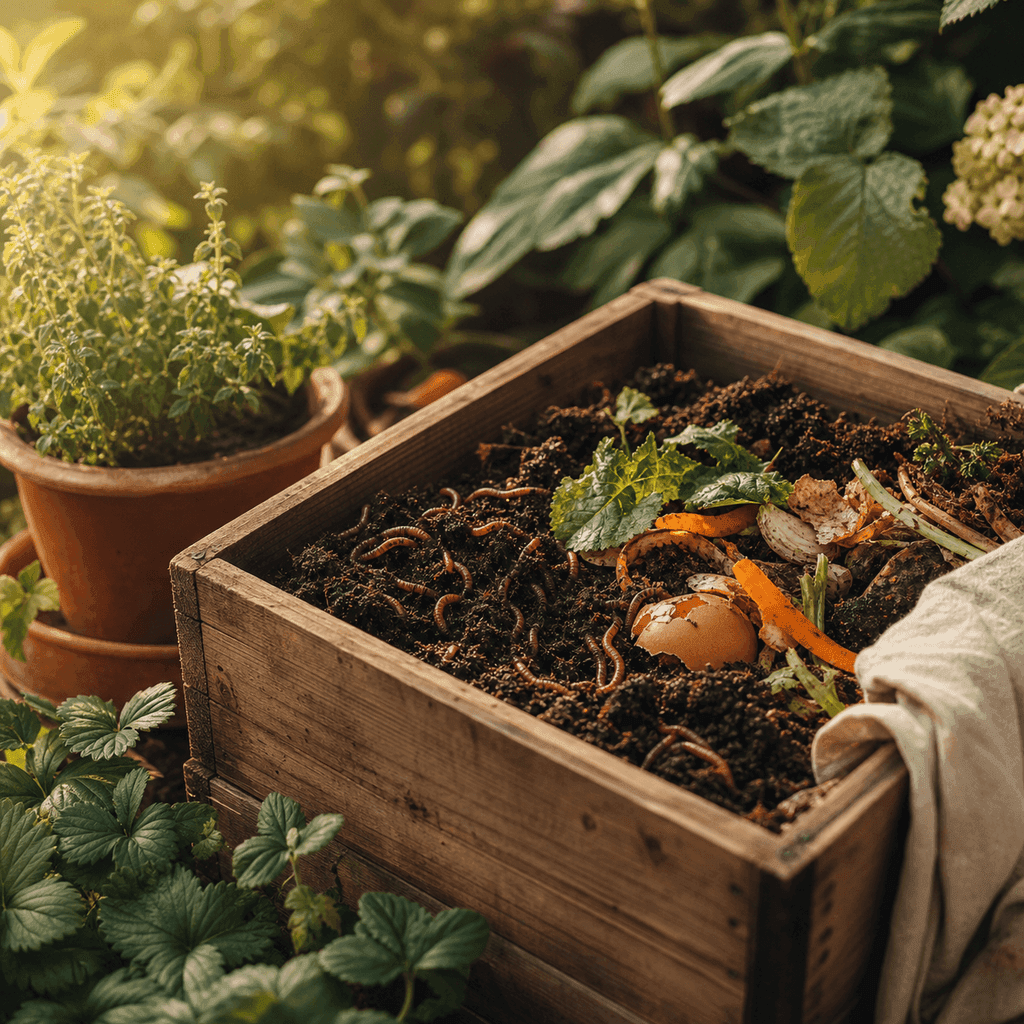 A bucket of amber compost tea beside a watering can in a sunny backyard vegetable garden