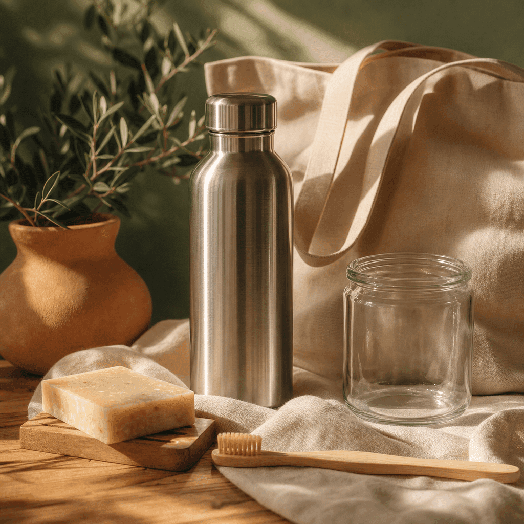 A pantry shelf lined with labeled glass jars of grains, beans, and pasta in warm natural light